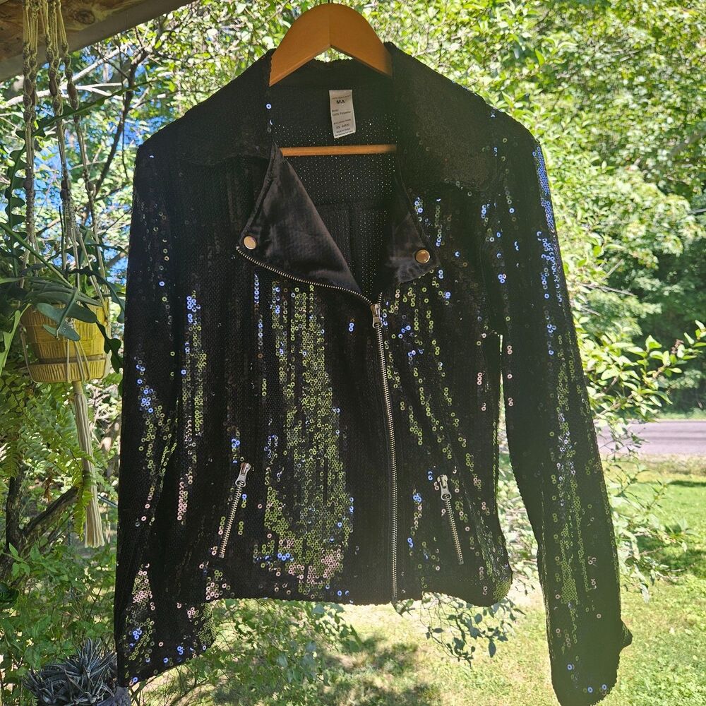 Black Sequin Moto Jacket Size Medium Weissman